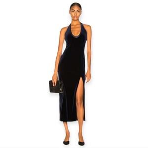 Galvan London Halter Dress 2 Navy Blue Velvet Side Slit Evening Formal Gown